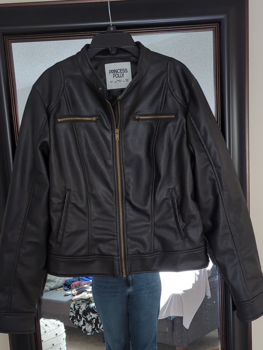 Princess Polly Black Faux Leather Moto Jacket with Gold Zips